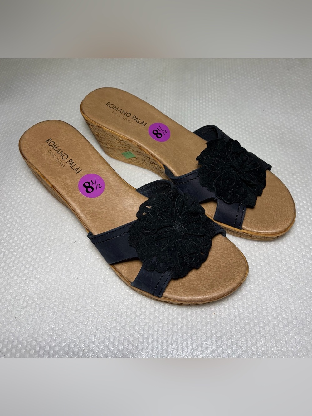 ROMANO PALAI Made in Italy‎ Women’s Black Floral Detail Wedge Sandals - Size 8.5